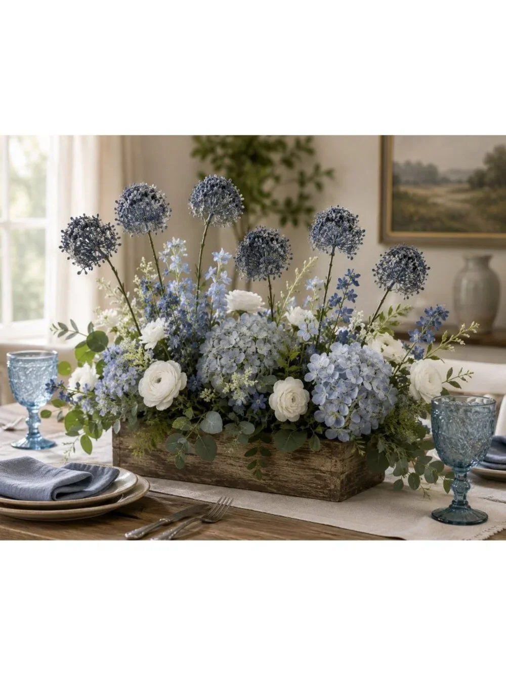 Artificial Blue Allium Flower Stems Set of 2 Dusty French Blue Faux Floral Spray